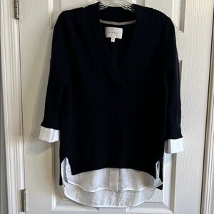 Brochu Walker black cashmere blend v neck sweater white layered look details Med